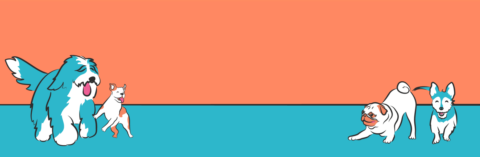 Four dogs with a orange and blue background, best dog boarding and daycare Miami
